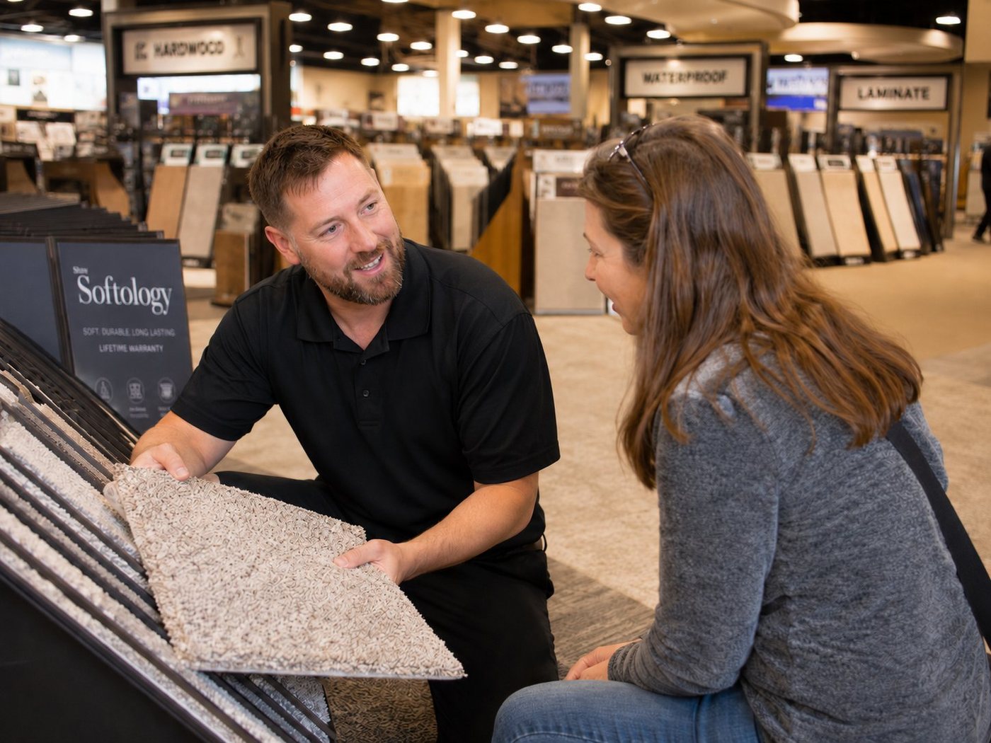 Flooring sales rep showing a carpet sample to a customer in a showroom