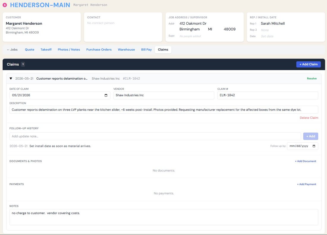 Claim detail tied to a job with vendor, claim number, follow-up history, documents and payments