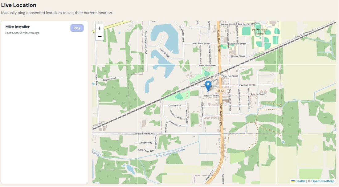 Live Location screen: manually ping a consented installer to see their current location on a map