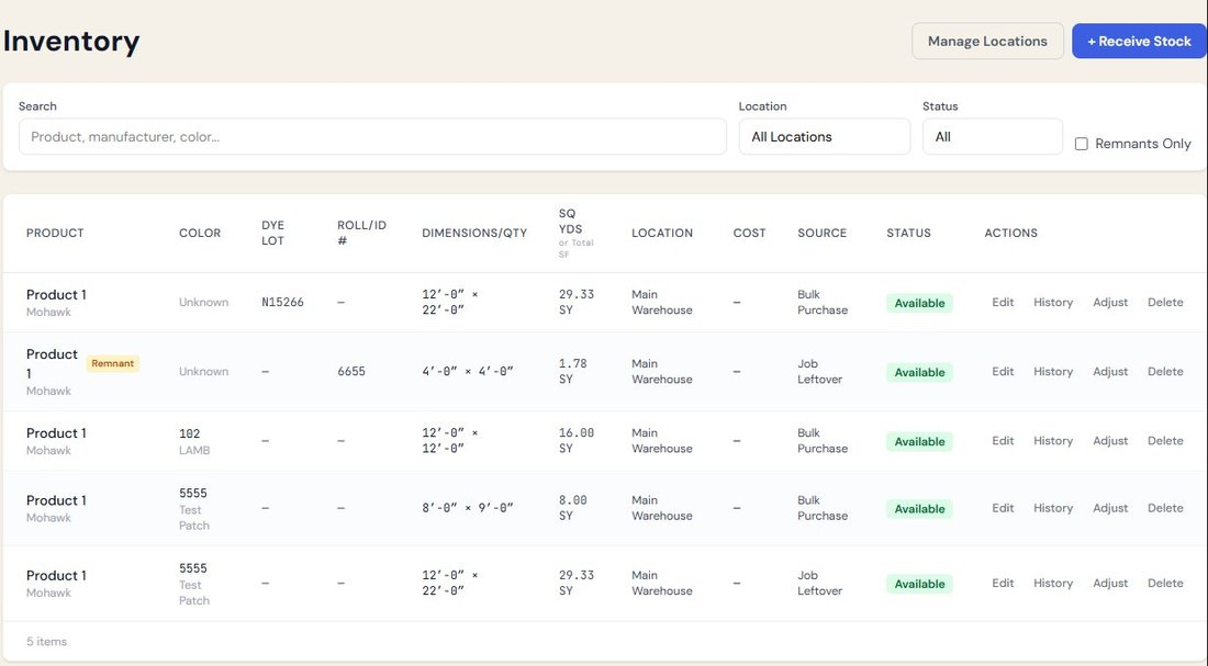 Inventory list showing products by dye lot, roll ID, dimensions, location, and remnant tags