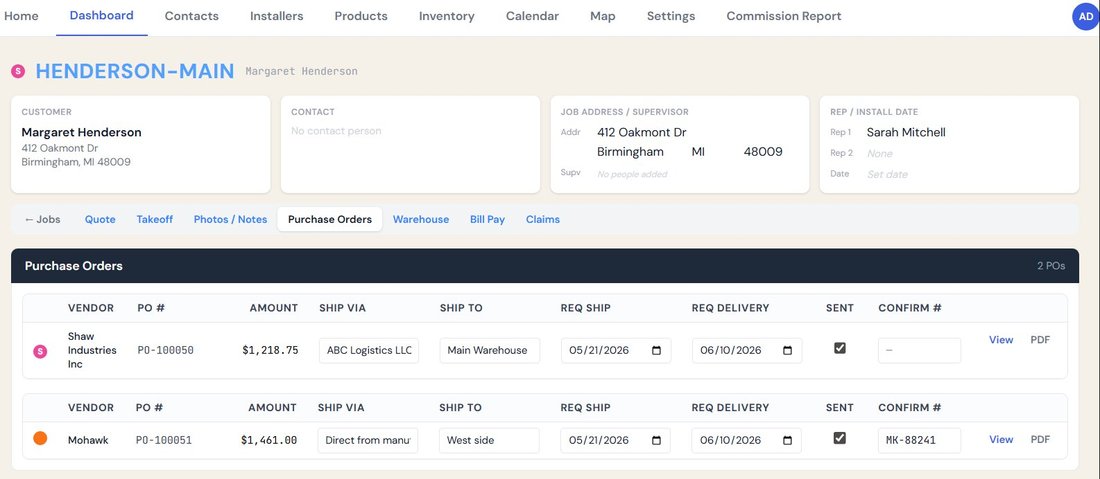 Purchase Orders screen showing two vendor POs with ship-via and confirmation numbers