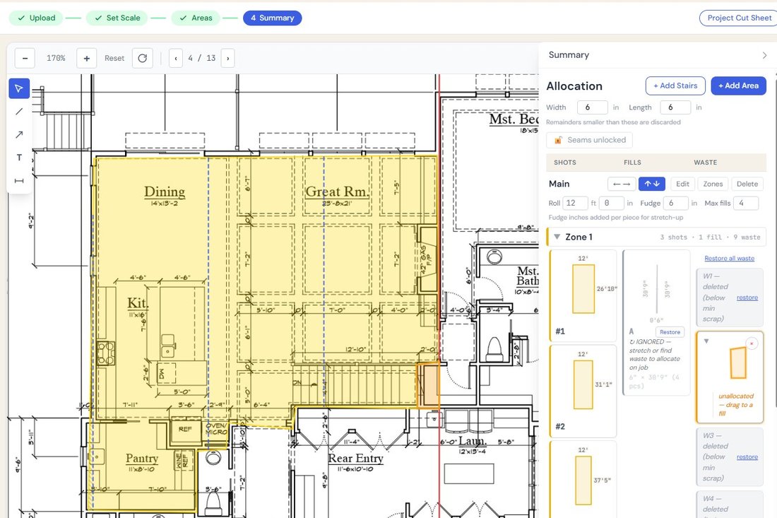 Digital takeoff tool with a blueprint, room areas highlighted, and the seam, fill and waste allocation engine